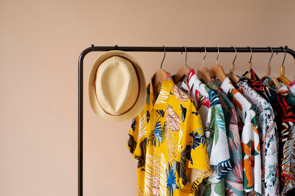 clothing-rack-with-floral-hawaiian-shirts-hangers-hat